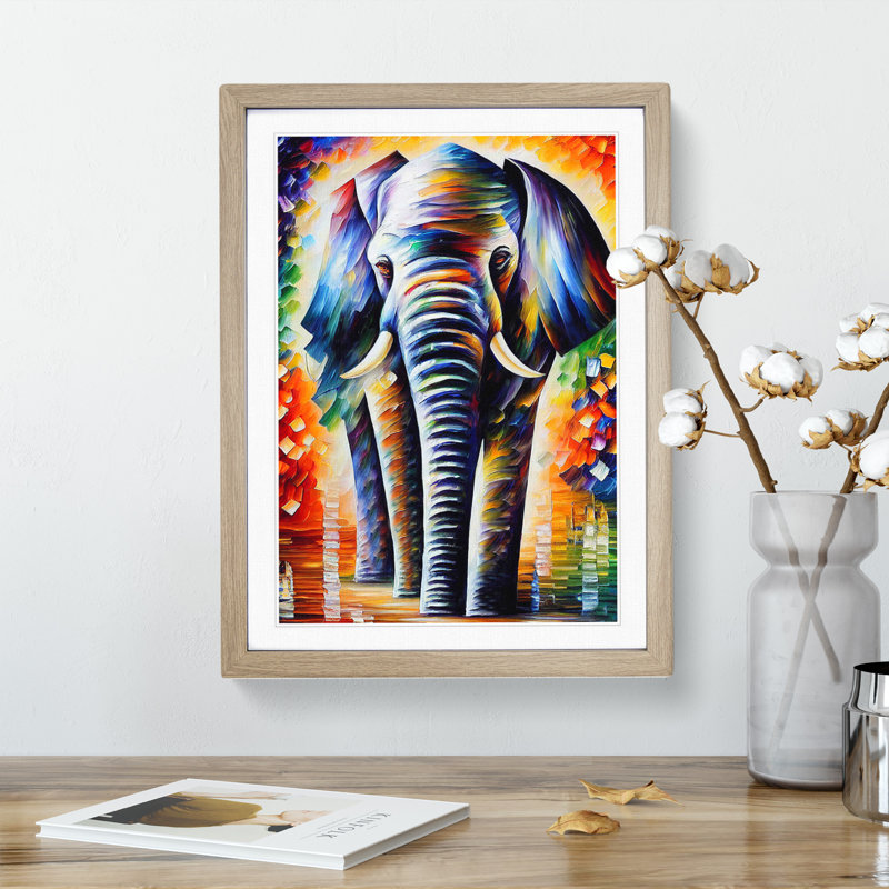 Colourful Elephant No.3 - Wall Art, 66cm H x 48cm W x 2cm D, Oak Framed, White