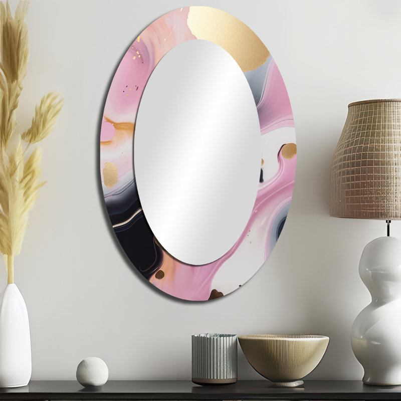 Pink And Gold Marble Symphony II - Pink Modern Oval Wall Mirror, 36" x 24"