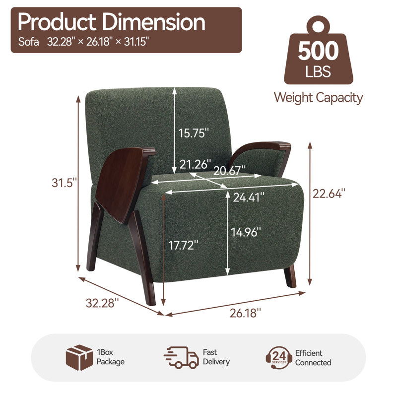 Fauteuil d'appoint moderne rembourré de 68,5 cm de large, structure en bois massif, Green, No