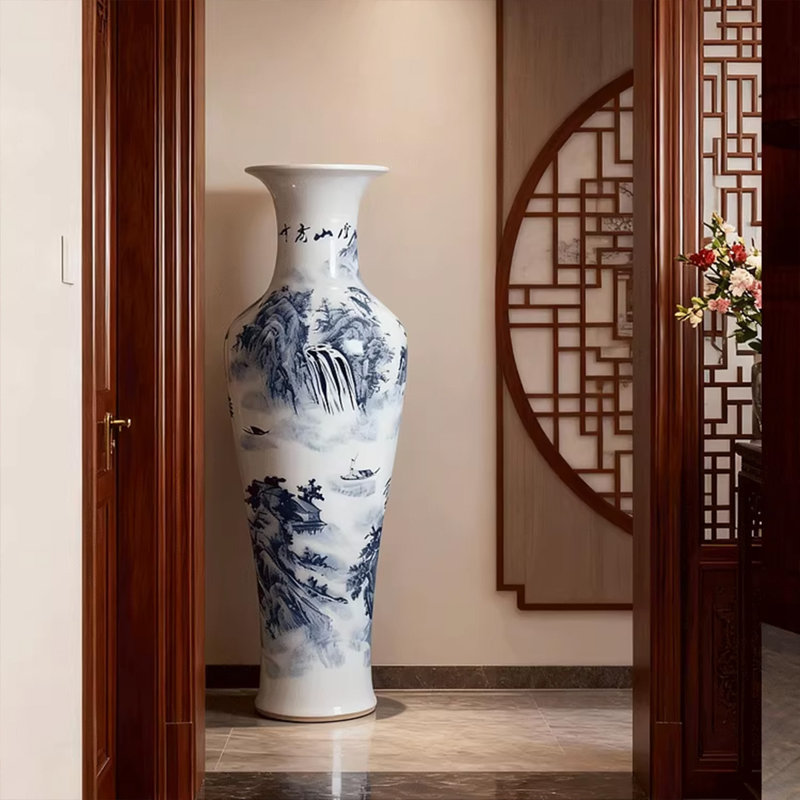 Grand vase décoratif sur pied en céramique 70,87 "peint à la main bleu et blanc Jingdezhen