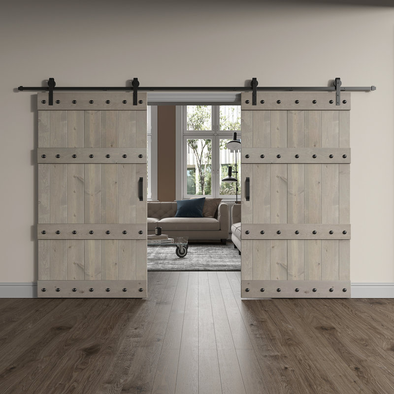 Dark Walnut Pine Wood Double Sliding Barn Door with Hardware Kit