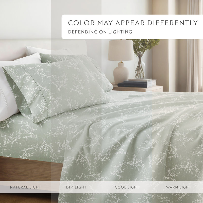 4 Piece Delicate Details Pattern Sheet Set, Distressed Willow Green Mist Floral, Cal.King Sheet Set with 2 King Pillowcase