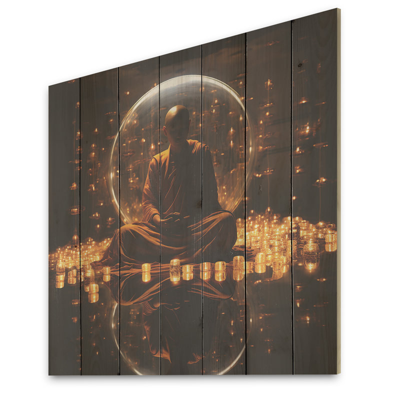 «Enlightenment Glow I» - Art mural sur bois de pin bouddhisme naturel, H 15 po x l 15 po