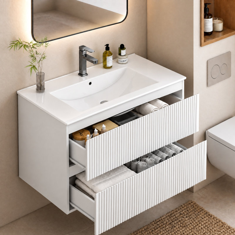 Meuble-lavabo suspendu blanc de 76 cm avec lavabo en céramique, meuble-lavabo mural moderne cannelé avec 2 tiroirs à fermeture en douceur pour salle d'eau