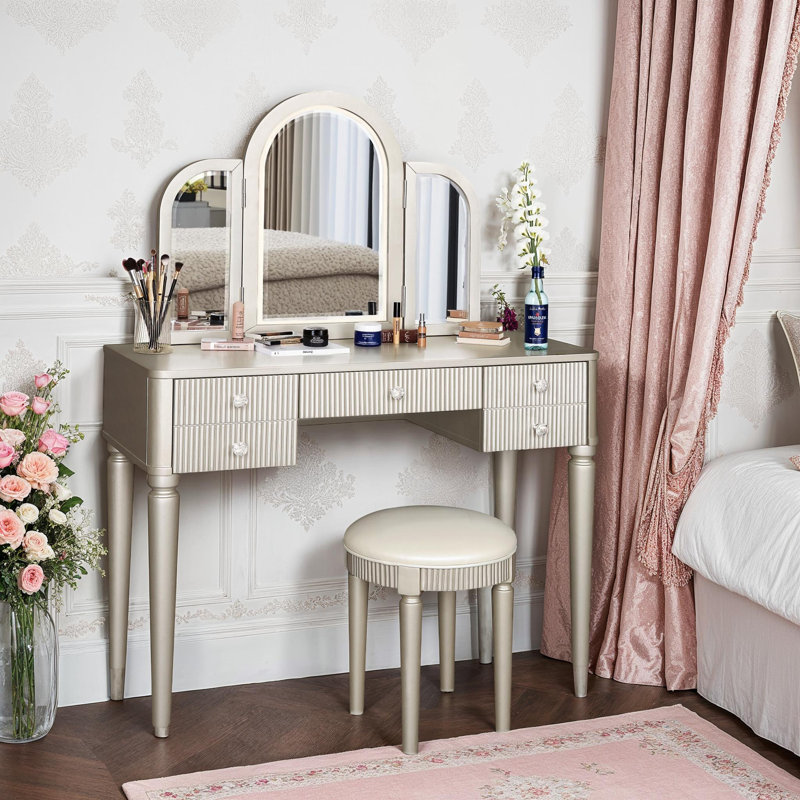 Mirrored Vanity Table Set with Spacious Storage and Backless Stool, Gold
