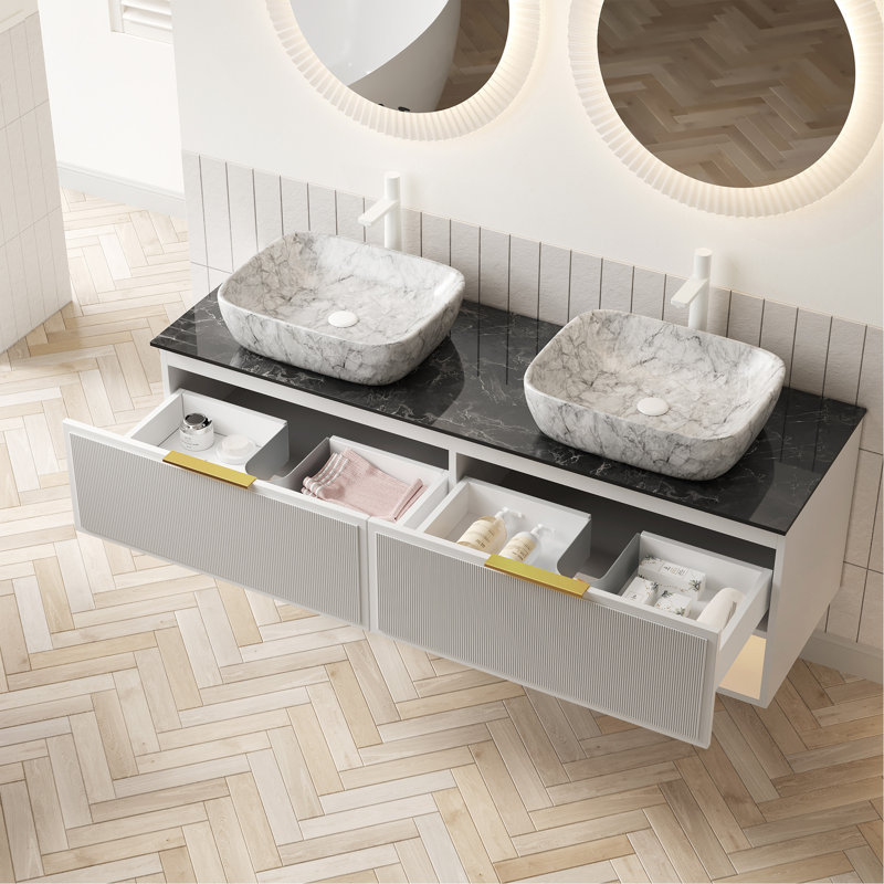 Meuble-lavabo 60 po avec lavabo, armoire de rangement en contreplaqué flottant, 2 tiroirs et tablette à rayures fines, capteur de lumière, 2 vasques en céramique à motif marbré et plateau en pierre frittée noire