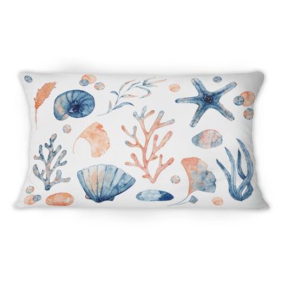 Blue And Pink Seashells On White - Nautical & Coastal Printed Throw Pillow 12" x 20"