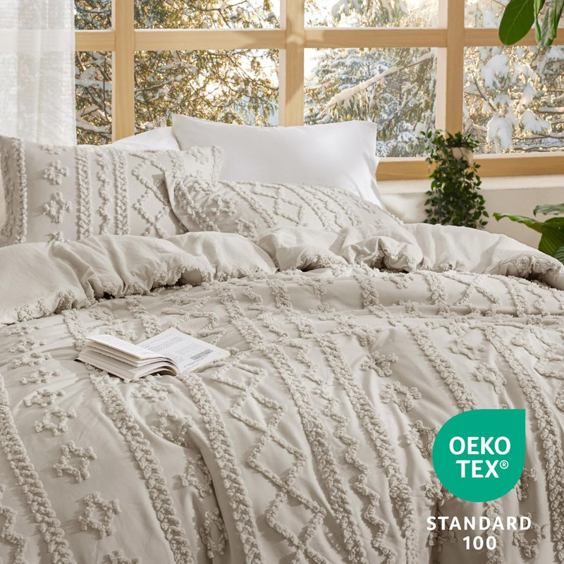 Ensemble d'édredon pour très grand lit - édredon vert olive, ensemble d'édredon touffeté de style Shabby Chic Boho, ensemble de lit de ferme 3 pièces pour toutes les saisons, ensemble de literie moelleux avec 2 taies décoratives