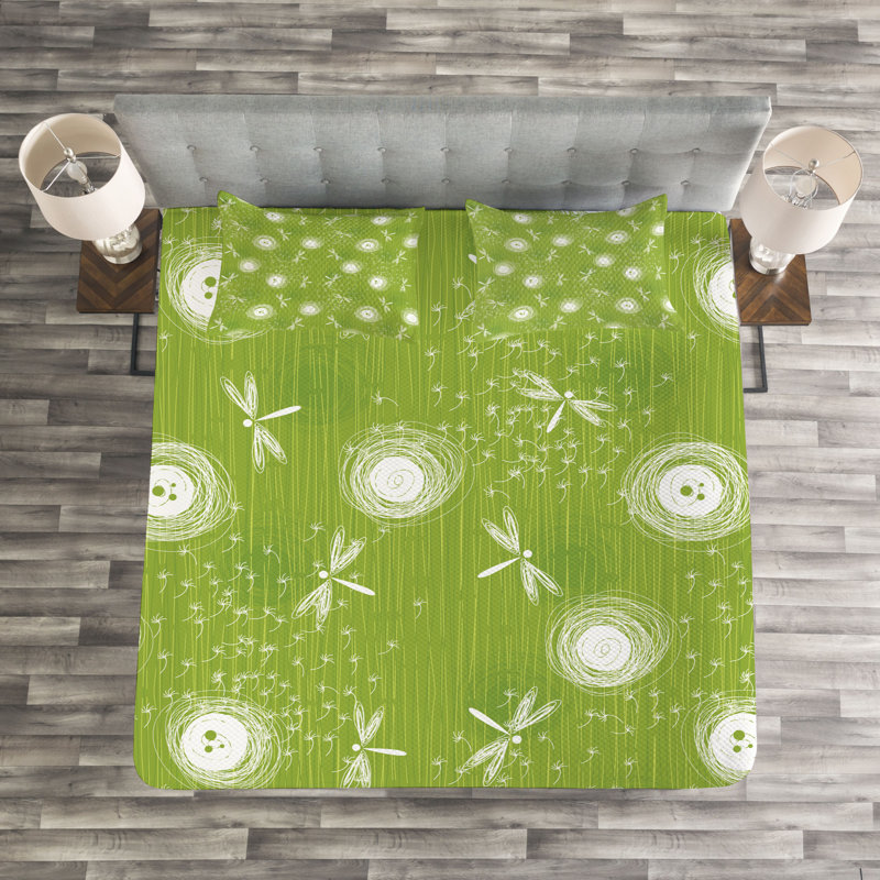 Aedal Green/White Microfiber Bedspread Set, 220 x 264 cm