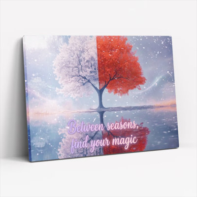 Arbre saisonnier avec neige et feuilles d'automne, reproduction d'art sur toile tendue sur toile avec citation inspirante