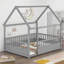 Lit en bois pleine grandeur avec cadre de toit de maison, barrières de sécurité, gris-521944458-521944455