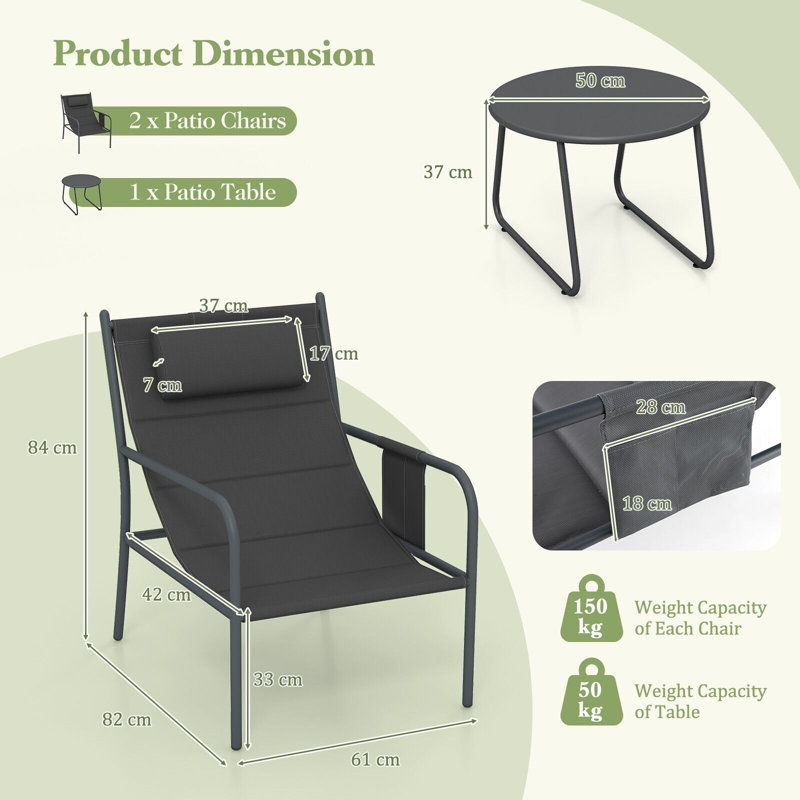 Shirita 3 Piece Outdoor Bistro Set Patio Metal Chair & Coffee Table Set