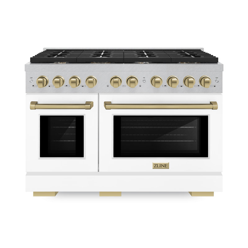 ZLINE 48 in. 8 Burner Double Oven Gas Range in Stainless Steel and Champagne Bronze Accents, Dual Fuel