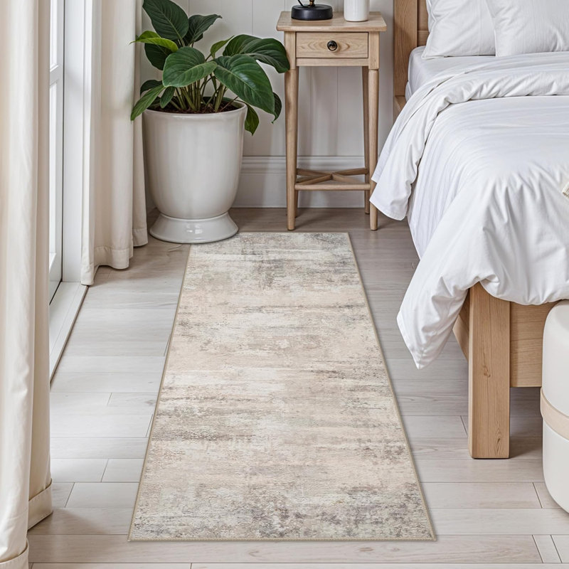 Washable Kitchen Rug: Easy-Clean Entryway Hallway Carpets Non Slip Non-Curl Edge Rugs for Laundry Bathroom Indoor Modern Abstract Home Decor Floor Mat for High Traffic Area Beige