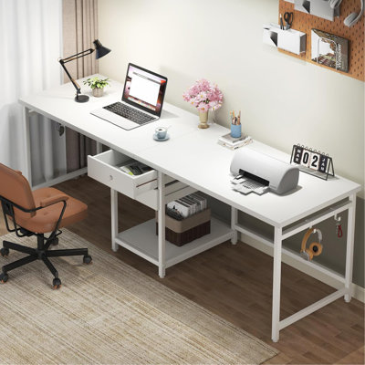 79-Inch Two Person Computer Desk with Drawers and Storage Shelves, Extra Long Double Workstation Table with Hooks, Industrial Writing Desk for Home Office, White