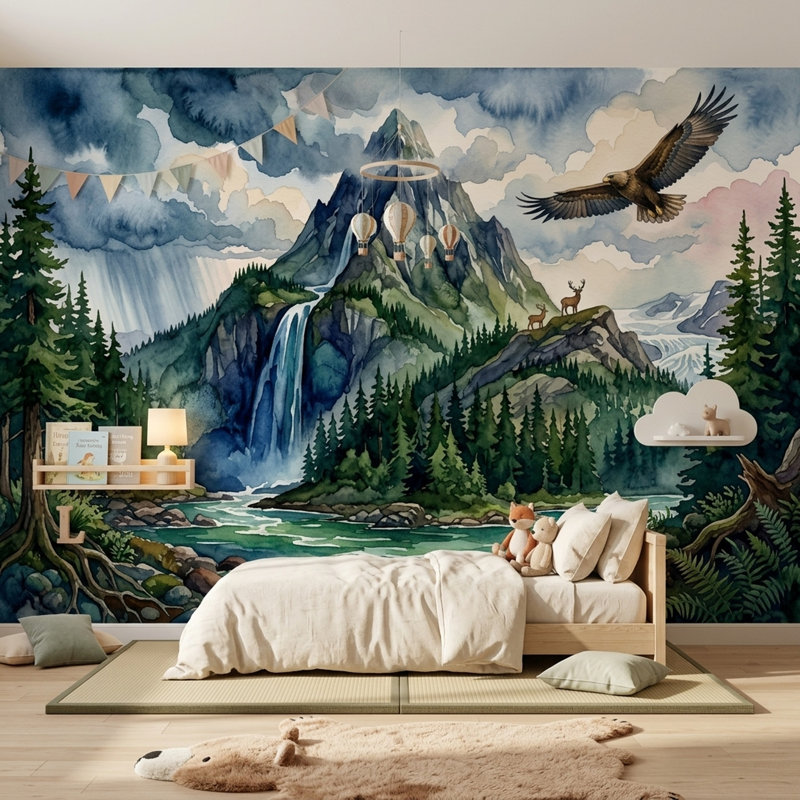 Papier peint paysage de montagne aquarelle cascade murale, 120"x96", Non-Woven Nonpasted