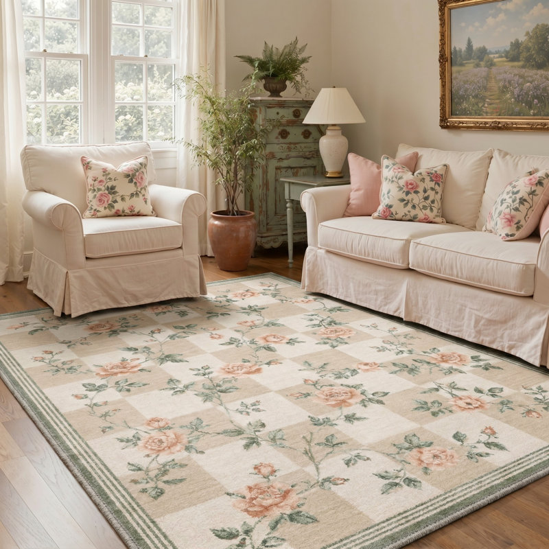 Tapis ivoire / vert lavable à la machine avec envers antidérapant, Rectangle 120 po x 96 po