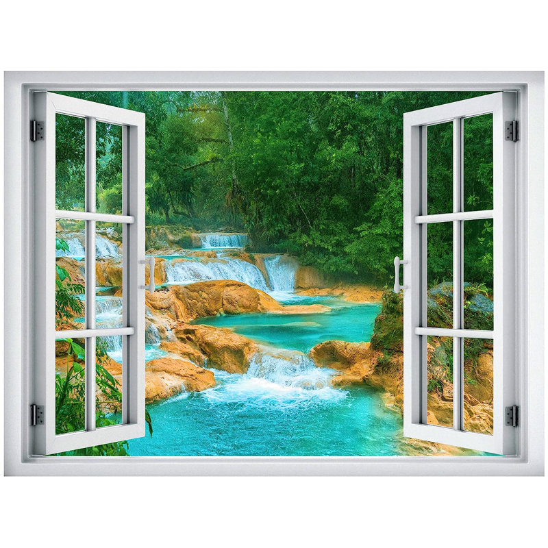 Murale Vibrant Green Forest Mountain River Rapids, L 32 po x l 24 po
