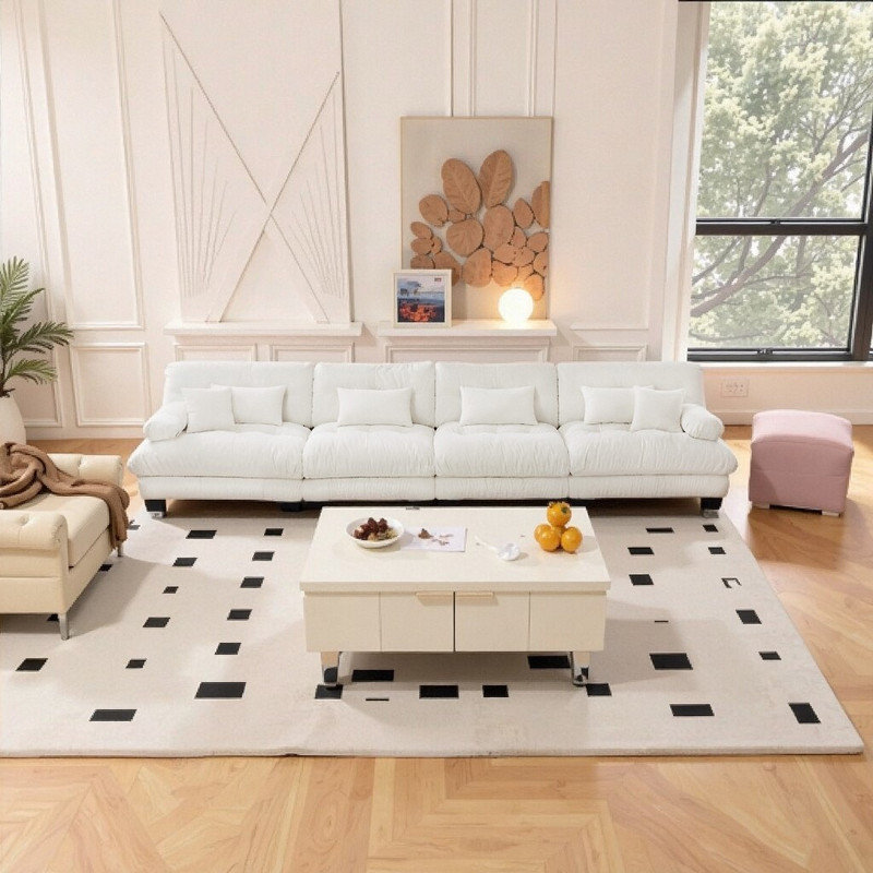 Canapé modulaire 4 places avec accoudoirs traversins, canapé en chenille, Blanc