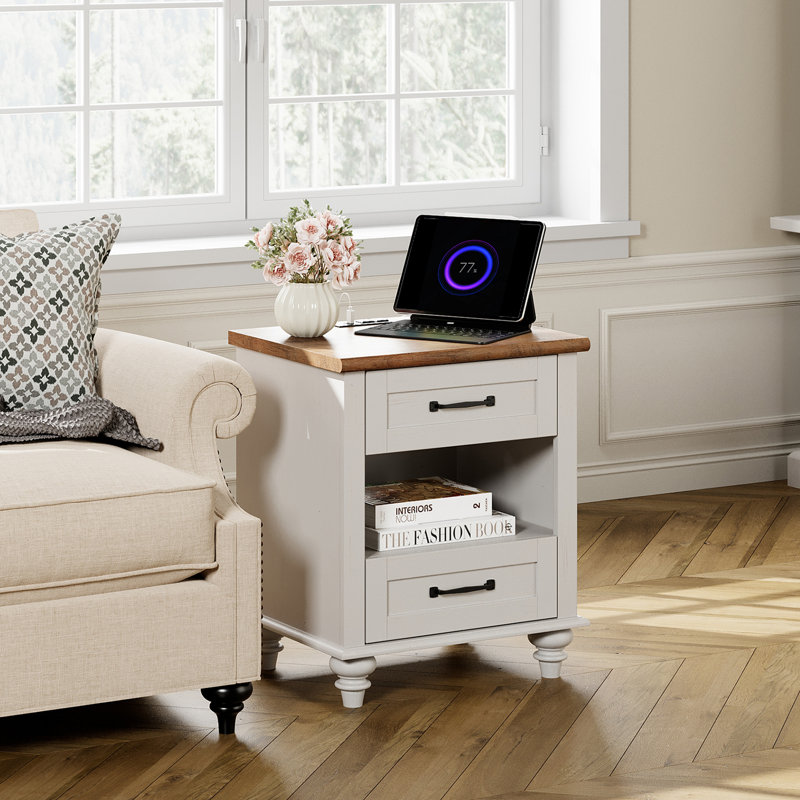 Endymion - Drawer End Table Set and Built-In Outlets, Brown Top/White Base