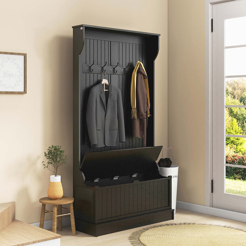 3-In-1 Entryway Hall Tree with Storage Bench, Coat Rack with Four Hooks and Shoe Storage, Black