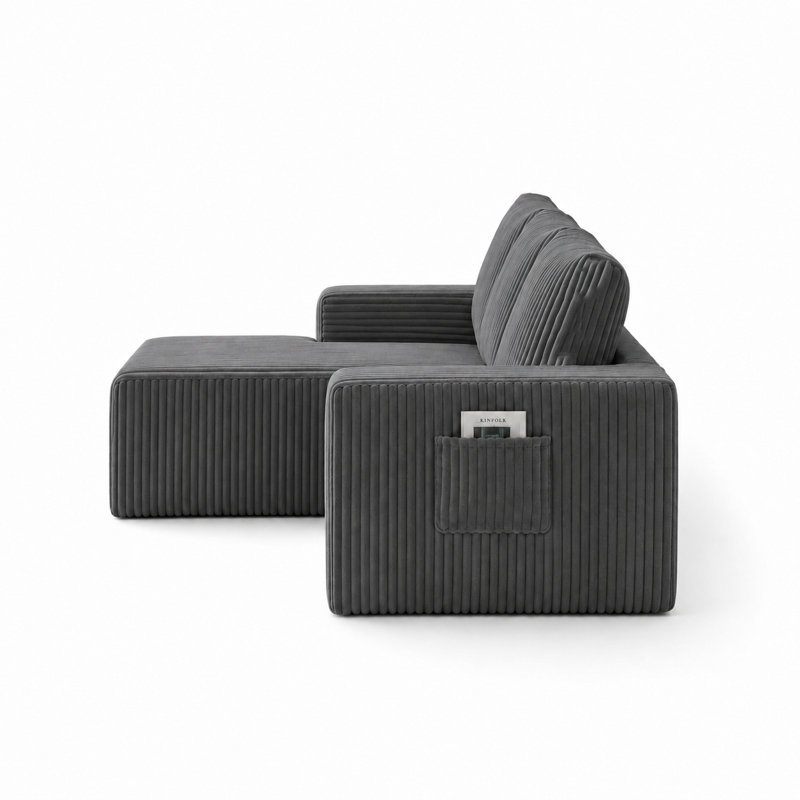 Canapé modulaire en forme de L en flanelle désossée avec siège profond, choix de méridienne orientée vers la gauche, double poches latérales, aucun assemblage requis