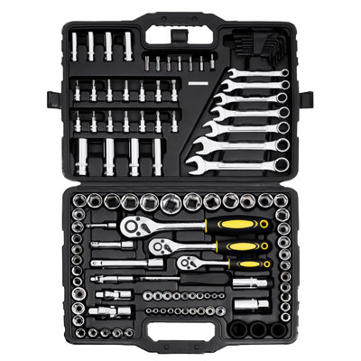 121-Piece Mechanics Tool Set, 1/4" 3/8" 1/2" Drive Sockets, SAE and Metric Mechanic Tool Kit with Bits, Wrenches, Ratchet Handle, Accessories, and Pla