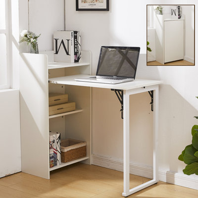 Foldable Computer Desk with Charging Station and Two-Tier Storage Shelf, 39.3 Inch Convertible Folding Writing Table Multi-Functional Space Saving Nightstand for Home Office Bedroom Dormitory Study Compact Workstation, White
