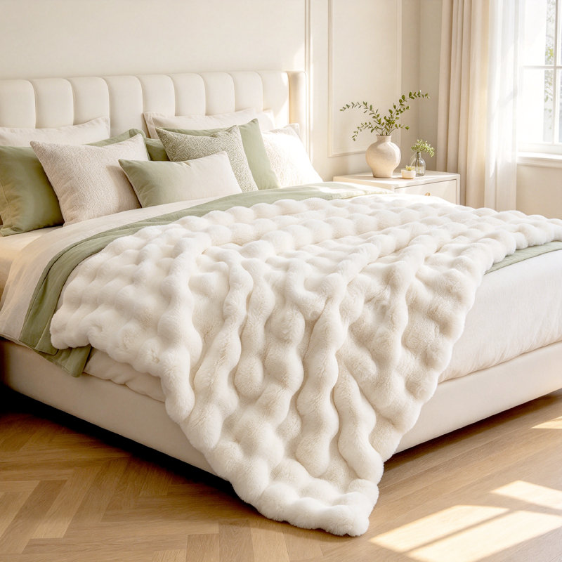 Haalan Cozy Faux Rabbit Fur Soft Reversible Throw Blanket, Throw, Cream White