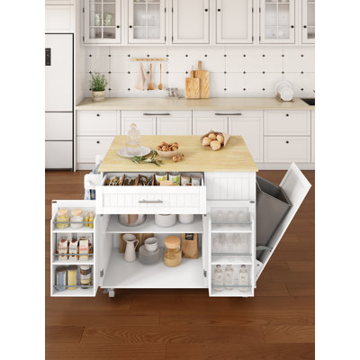 Kitchen Island with Storage, 31.5" D Rolling Kitchen Island Cart on Wheels with Widen Drop Leaf Rubberwood Top, Large Mobile Kitchen Island with Trash by Gracie Oaks