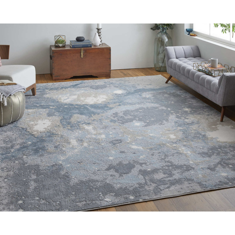 8' Blue Abstract Runner Rug, Rectangle 3'11" x 6'