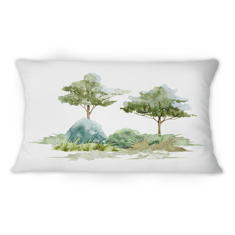 Coussin décoratif imprimé traditionnel deux arbres avec buisson et prairie