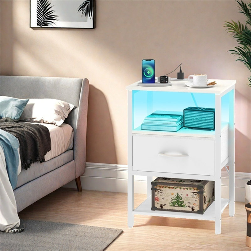 Modern LED Nightstand With Charging Station & Adjustable Fabric Drawer, White