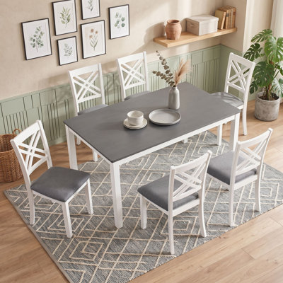 7-Piece Rectangular Dining Set with Wood Table and 6 Upholstered X-Back Chairs for Dining Room