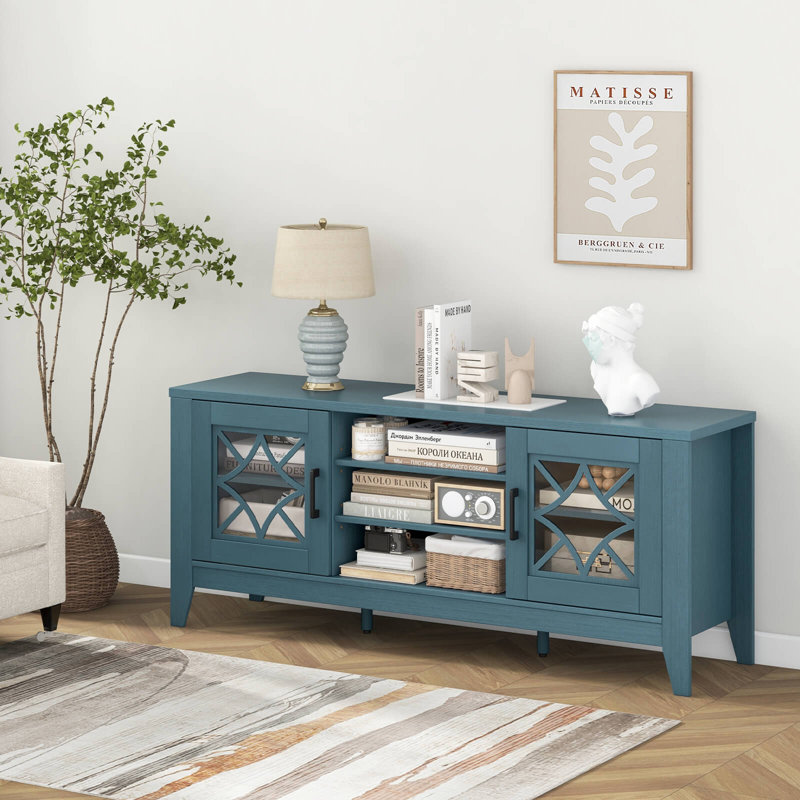 Winston Porter Tv Stand For Tvs Up To 65" With 3-position Adjustable Shelves Tempered Glass Doors, Blue