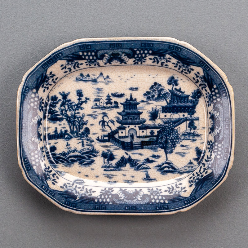 Porcelain Platter Blue and White Willow 14.5inL, 1.5" H x 10.5" W x 8.5" D