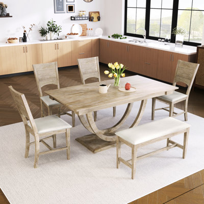Ensemble de 6 tables de salle à manger en bois 6 pièces avec banc long et 4 chaises, style moderne, naturel