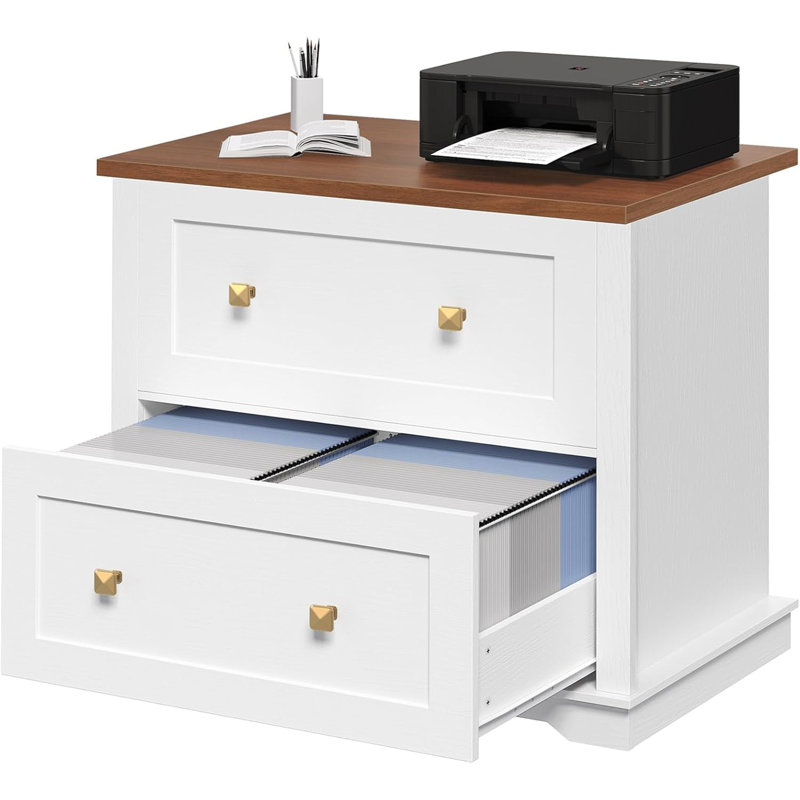 White & Walnut Farmhouse Wooden Lateral File Cabinet - 2 Drawers (Printer Stand, Fits A4/Letter Hanging Files For Home Office)