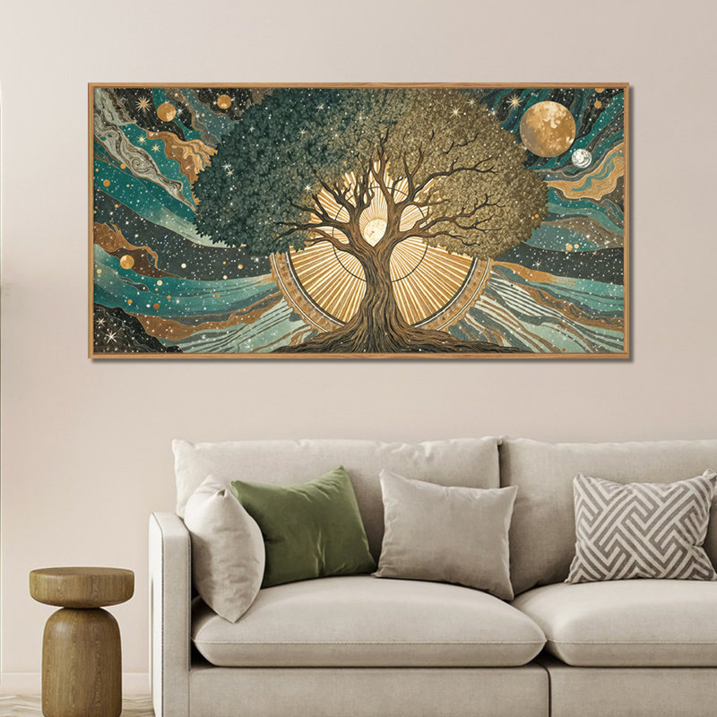 Art mural sur toile grand arbre de vie bohème, encadrement artistique lune de soleil artistique, œuvre d'art cosmique abstraite, innombrables décorations célestes pour le salon, la salle à manger, le bureau de la chambre à coucher, 20 x 40 pouces, idées de cadeaux réfléchis
