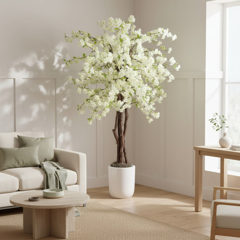 Faux Cherry Blossom Tree Plant in Fiberstone, White