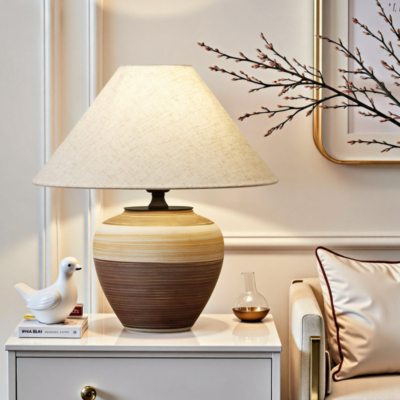 Beige & Brown Two-tone Ceramic Table Lamp – Handmade Striped, Linen Shade For Bedroom, Living Room & Bedside