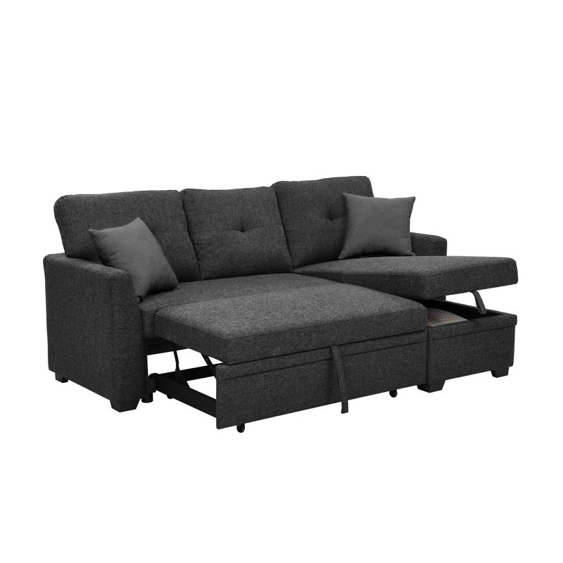 76.5" Linen Blend Upholstered Sectional Sofa With Pull-Out Bed, Reversible Storage Chaise & Tufted Design - Easy Assembly