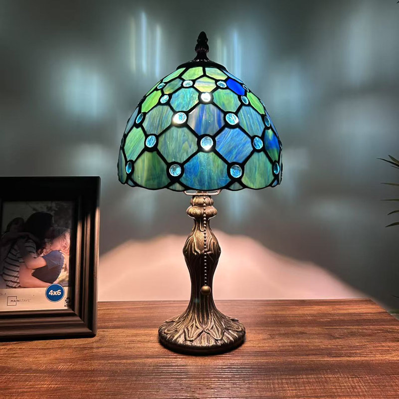 Haruko Tiffany Mini Table Lamp Blue Stained Glass Crystal Beans Pull Chain Switch LED Bulb Included  8" D*8" W*15" H