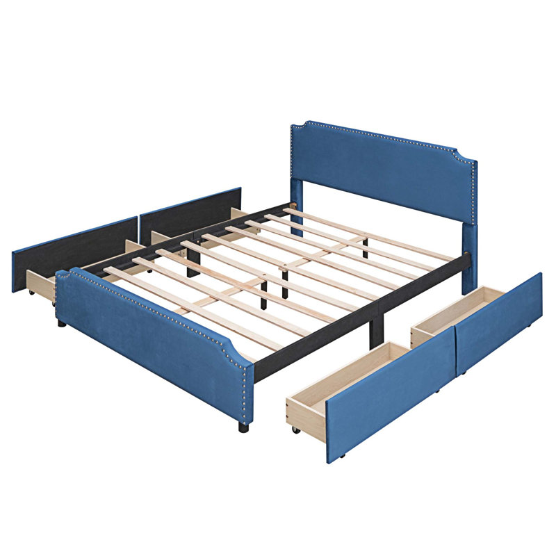 Grand lit plateforme de rangement tapissier, Bleu