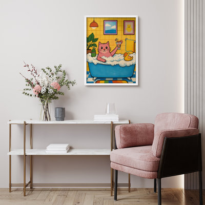 Cute Cat Bath Time Cartoon Framed Wall Art Prints - Playful cat in bathtub with drink, for bathroom or kids room