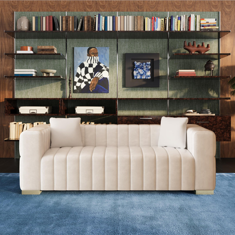 Canapé à accoudoirs carrés en velours de 82 po avec 2 coussins Charlesworth, Doré, Blanc