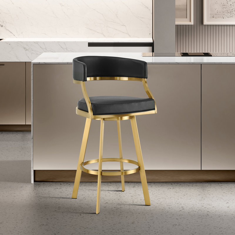 Dehn Modern Swivel Counter or Bar Height Barstool with Open Back and Footrest in Metal and Faux Leather, White, Gold