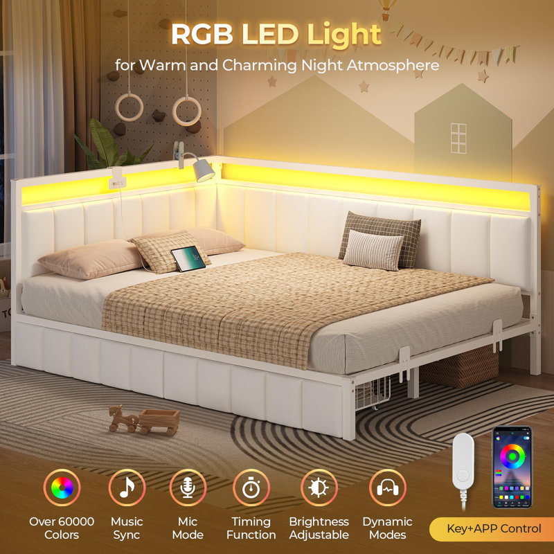 Corner Bed Frame With Storage Drawers, Full-Size Sofa Bed With Wire Fabric Upholstered Rails, Bed Unit With Led Lights And Charging Station, Modern Full-Size Bed Frame (Beige)