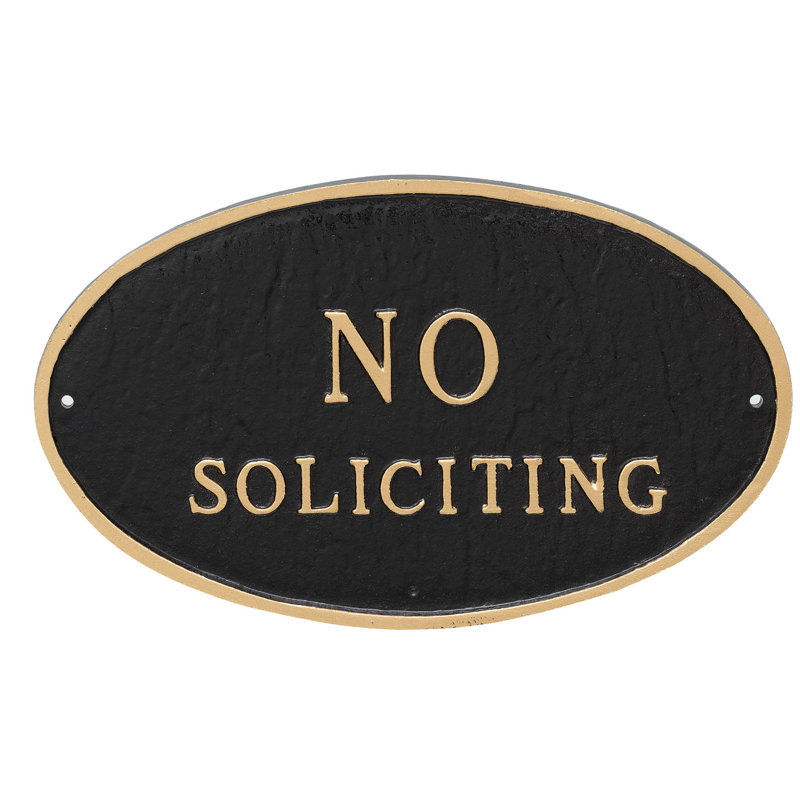 Large Oval No Soliciting Statement Plaque Sign, 6" H x 10" W x 0.25" D, Black/Gold