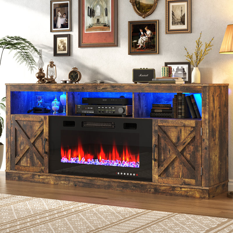Crédence de rangement avec foyer Zev, H 31,5 po x l 70,8 po x P 13,8 po, Brun rétro